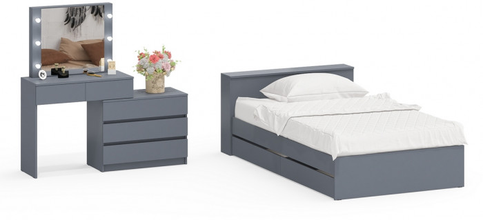 Ксения Кровать с ящиками 1200 + Стол косметический с подсветкой 110, графит