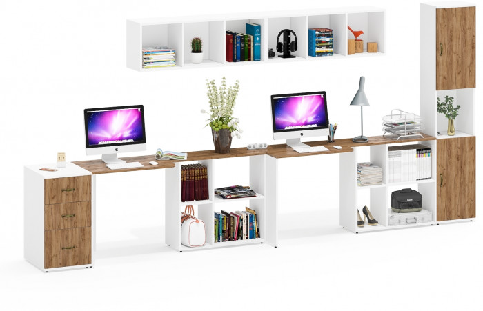 Лидер-8 Стол + Полка + Стол + Полка + Пенал + Тумба МД 3.16, белый шагрень/крафт золото