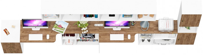 Лидер-8 Стол + Полка + Стол + Полка + Пенал + Тумба МД 3.16, белый шагрень/крафт золото