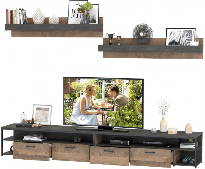 Трувор 13.70 Тумба под ТВ + 13.70 Тумба под ТВ + 15.60 Полка + 15.60 Полка, цвет дуб гранж песочный/интра, ШхГхВ 299,6х45,4х195 см., универс. сборка