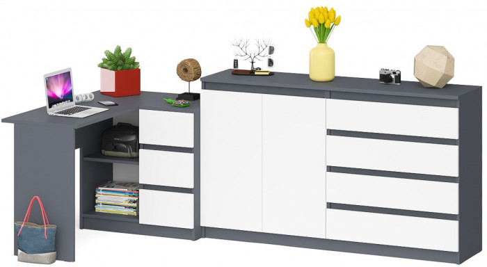 Мори компьютерный стол МС-16 правый + Комод МК1600.1, графит/белый