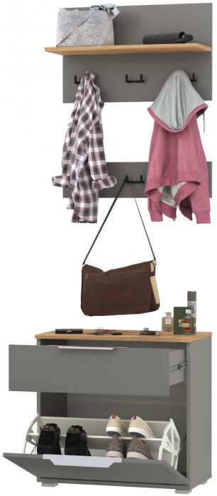 Октава 16.127 Тумба для обуви + 15.14.01 Вешалка + 15.14.02, серый графит/дуб крафт золотой/фасады МДФ серый графит