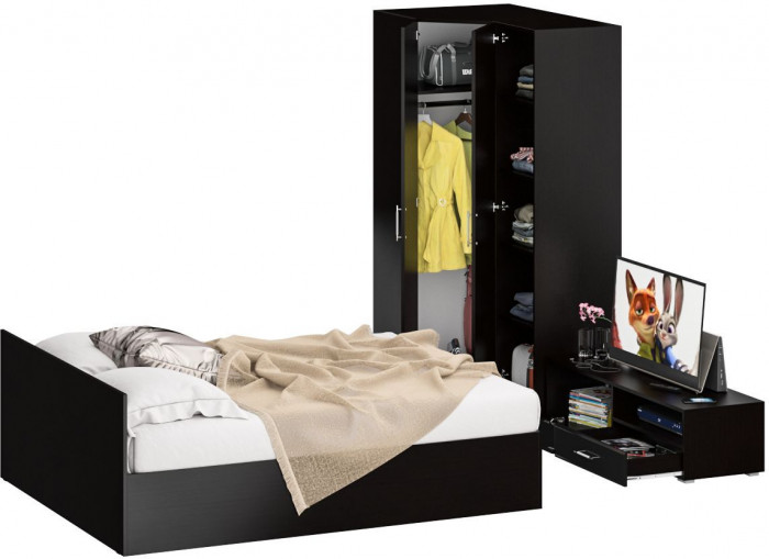 Спальня Стандарт 4-1600, венге/фасады ТВ тумбы МДФ чёрный глянец