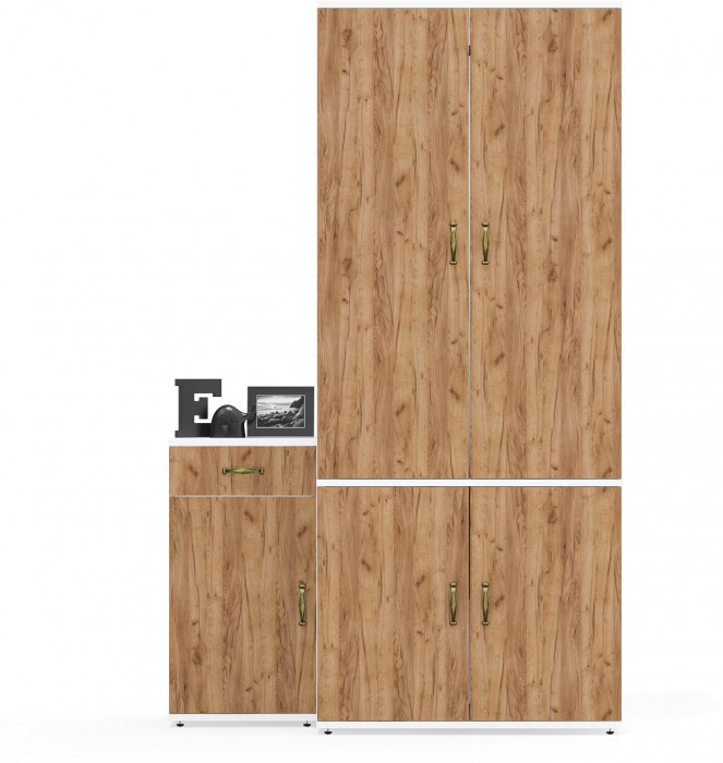 Лидер-8 Шкаф МД 19Б + Тумба МД 3.15, белый шагрень/крафт золото