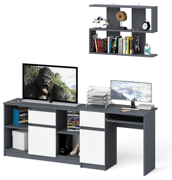 Мори компьютерный стол МС-1 левый + Тумба МТВ1204.1 + Полка 900, графит/белый