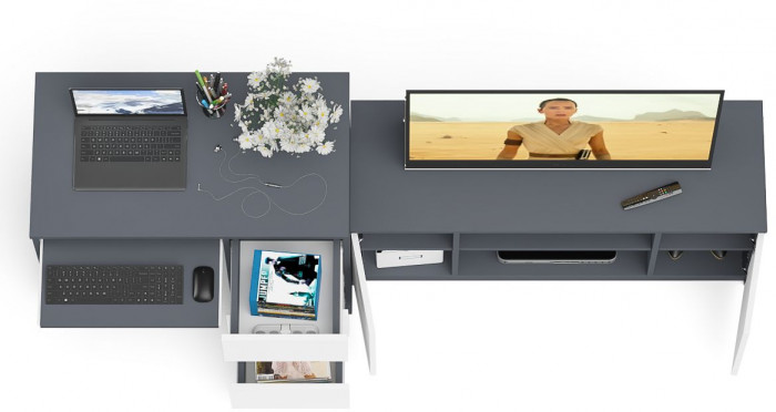 Мори компьютерный стол МС-6 правый + Тумба МТВ1200.1, графит/белый