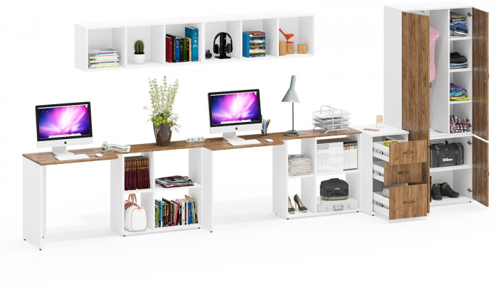 Лидер-8 Стол + Полка + Стол + Полка + Шкаф МД 20Б + Тумба МД 3.16, цвет белый шагрень/крафт золото, 450х50х75/190 или 230х200/50х75/190, НЕ ун. сб.