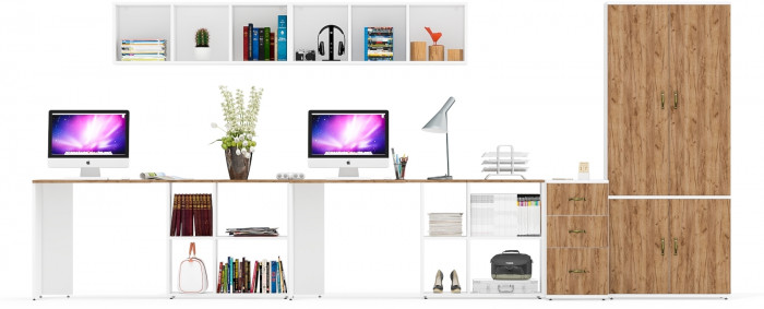 Лидер-8 Стол + Полка + Стол + Полка + Шкаф МД 20Б + Тумба МД 3.16, цвет белый шагрень/крафт золото, 450х50х75/190 или 230х200/50х75/190, НЕ ун. сб.