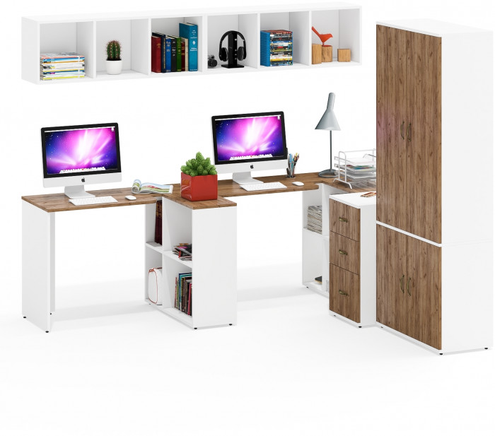 Лидер-8 Стол + Полка + Стол + Полка + Шкаф МД 20Б + Тумба МД 3.16, цвет белый шагрень/крафт золото, 450х50х75/190 или 230х200/50х75/190, НЕ ун. сб.