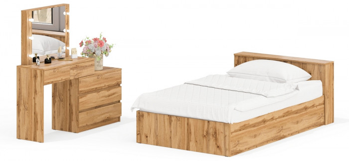 Ксения Кровать с ящиками 1200 + Стол косметический с подсветкой 110, дуб вотан