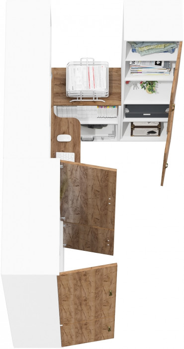 Лидер-8 Шкаф МД 20Б + Стол + Полка + Пенал, цвет белый шагрень/крафт золото, ШхГхВ 285х50/30х75/190 или 195х120х75/190 см., НЕ ун.сб.