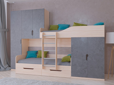 Кровать двухъярусная ЛЕО Дуб молочный/Железный Камень