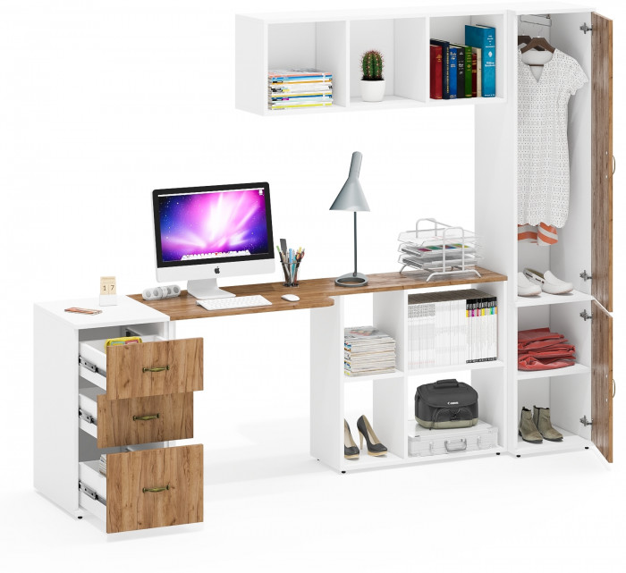 Лидер-8 Стол + Полка + Тумба МД 3.16 + Пенал МД 21Б, белый шагрень/крафт золото