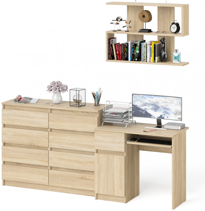 Мори компьютерный стол МС-1 левый + Комод МК1200.8 + Полка 900, дуб сонома