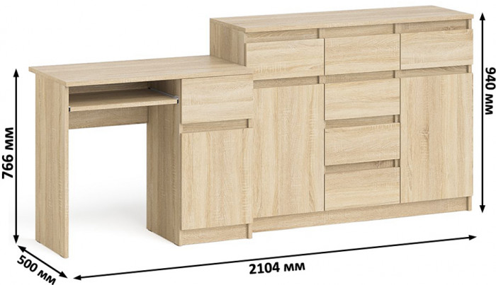 Мори компьютерный стол МС-1 правый + Комод МК1200.4, дуб сонома