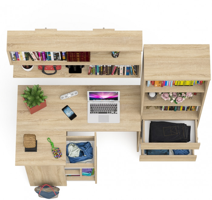 Мори компьютерный стол МС-16 левый + Стеллаж МСТ600.3 + Полка 1200, дуб сонома