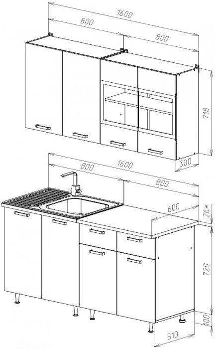 ЛДСП Кухня Рио NEW 1,6м (490), крафт белый/белый/антарес
