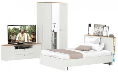 Остин 11.53 Кровать + ортопед + 13.336.03 Шкаф для одежды + 16.47 Тумба под ТВ, белый шагрень/дуб крафт золотой