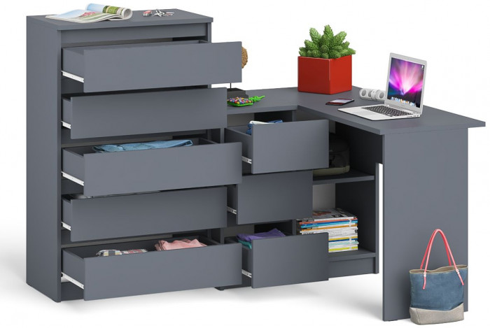 Мори Стол компьютерный МС-16 левый + Комод МК700.5, цвет графит, ШхГхВ 194,8х84,9х114 см., выдвижные ящики слева, НЕ универсальная сборка