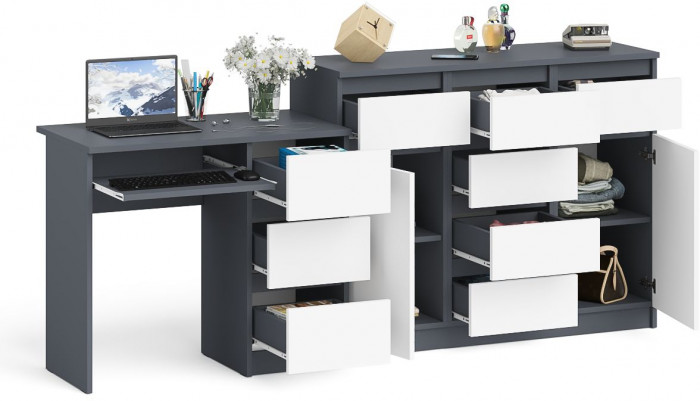 Мори Стол компьютерный МС-6 правый + Комод МК1200.4, цвет графит/белый, ШхГхВ 210,4х50х94 см., выдвижные ящики справа, НЕ универсальная сборка