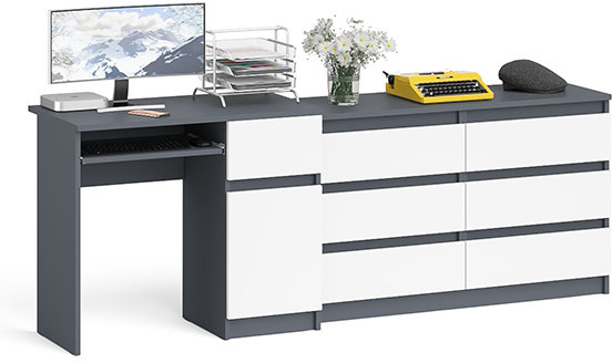Мори компьютерный стол МС-1 правый + Комод МК1200.6, графит/белый