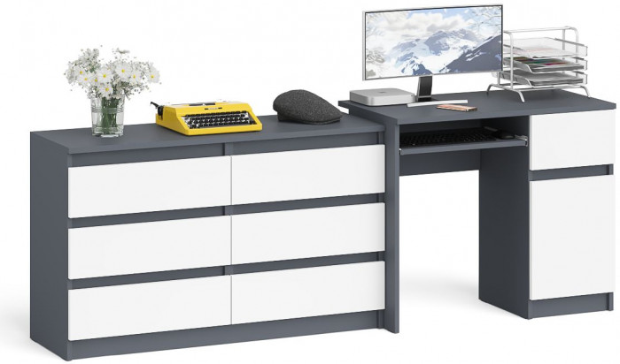 Мори компьютерный стол МС-1 правый + Комод МК1200.6, графит/белый