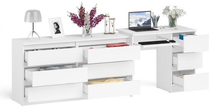 Мори компьютерный стол МС-6 правый + Комод МК1380.6, белый