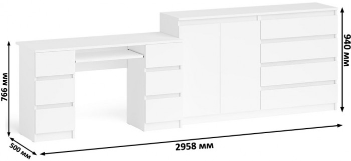 Мори Стол компьютерный МС-2 + Комод МК1600.1, цвет белый, ШхГхВ 295,8х50х94 см., универсальная сборка