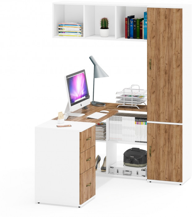 Лидер-8 Стол + Полка + Тумба МД 3.16 + Пенал МД 22Б, белый шагрень/крафт золото