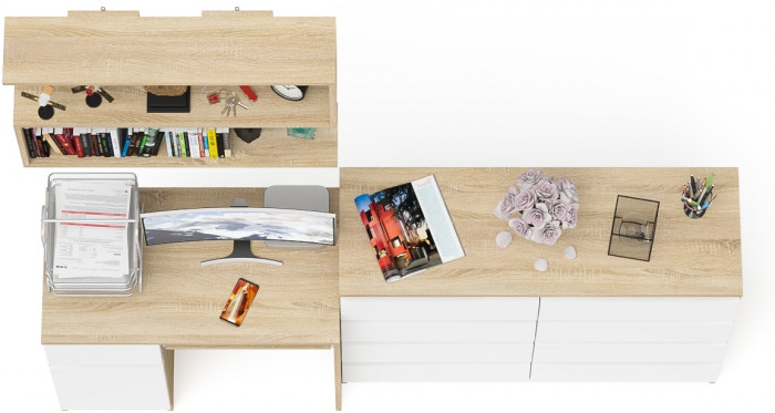 Мори компьютерный стол МС-1 левый + Комод МК1200.8 + Полка 900, дуб сонома/белый