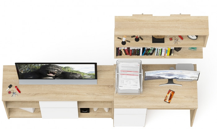 Мори компьютерный стол МС-1 левый + Тумба МТВ1204.1 + Полка 900, дуб сонома/белый