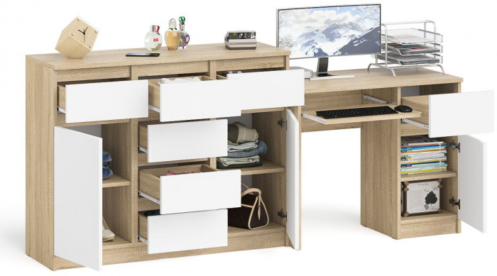 Мори компьютерный стол МС-1 правый + Комод МК1200.4, дуб сонома/белый