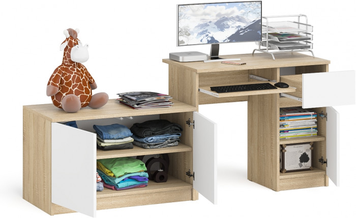 Мори компьютерный стол МС-1 правый + Тумба МА900.1, дуб сонома/белый
