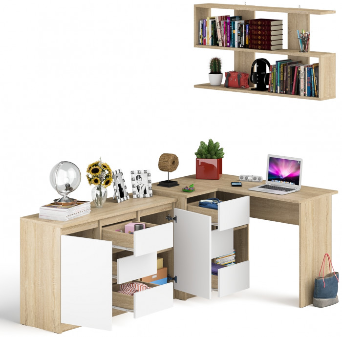 Мори компьютерный стол МС-16 левый + Комод МК1200.3 + Полка 1200, дуб сонома/белый