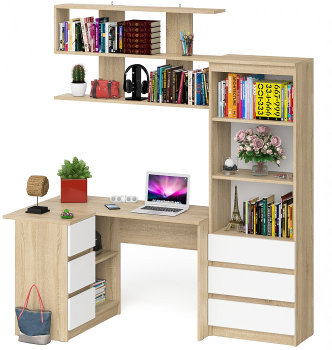 Мори компьютерный стол МС-16 левый + Стеллаж МСТ600.3 + Полка 1200, дуб сонома/белый