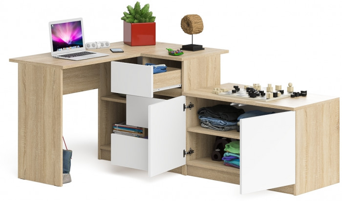 Мори компьютерный стол МС-16 правый + Тумба МА900.1, дуб сонома/белый