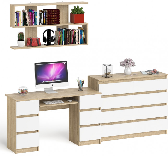 Мори компьютерный стол МС-2 + Комод МК1200.8 + Полка 1200, дуб сонома/белый