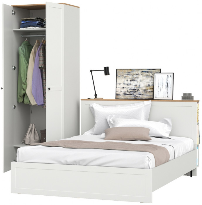 Остин 11.53 Кровать + ортопед + 13.224 Шкаф, белый шагрень/дуб крафт золотой