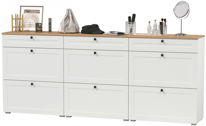 Остин 16.121 Тумба для обуви + 16.121 Тумба д/обуви + 16.121, белый шагрень/серый графит/дуб крафт золотой