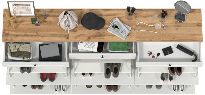 Остин 16.121 Тумба для обуви + 16.121 Тумба д/обуви + 16.121, белый шагрень/серый графит/дуб крафт золотой