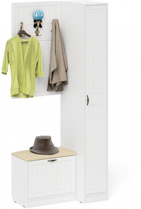 Прихожая П-6 Компоновка № 41, цвет белая шагрень/фасады МДФ белое дерево фрезеровка прованс, ШхГхВ 90х50х210 см., универсальная сборка