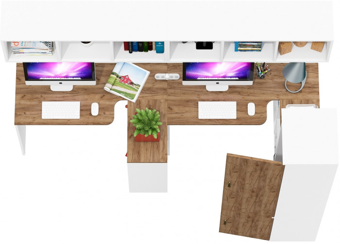 Лидер-8 Стол + Полка + Стол + Полка + Пенал МД 21Б, белый шагрень/крафт золото