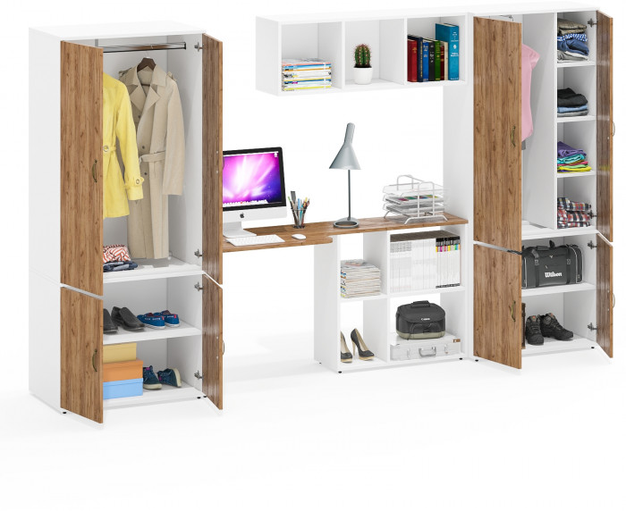 Лидер-8 Шкаф МД 20Б + Стол + Полка + Шкаф МД 19Б, белый шагрень/крафт золото