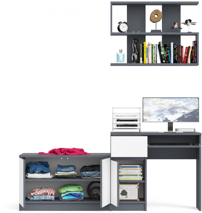 Мори компьютерный стол МС-1 левый + Тумба МА900.1 + Полка 900, графит/белый