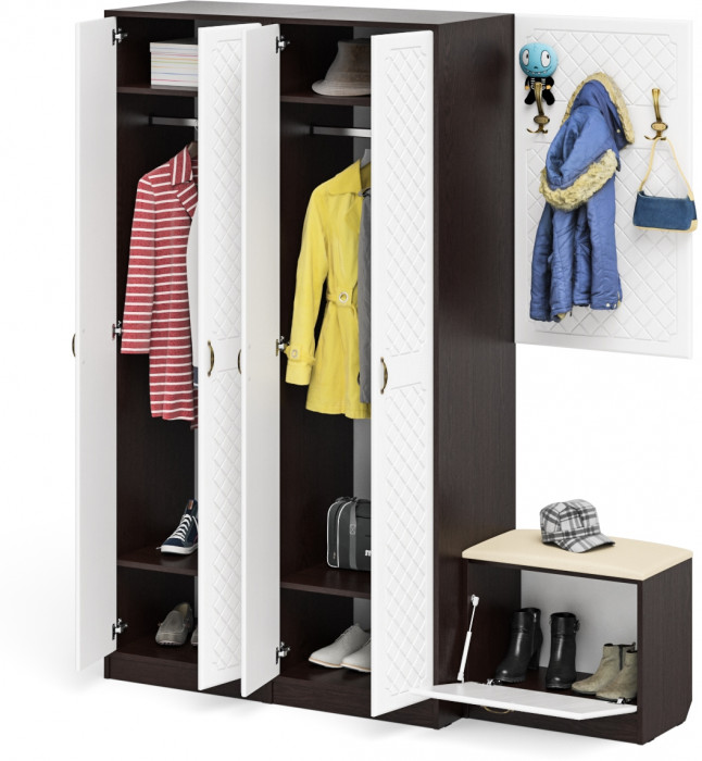 Прихожая П-6 Компоновка № 09, цвет венге/фасады МДФ белое дерево фрезеровка ромб, ШхГхВ 180х50х210 см., универсальная сборка