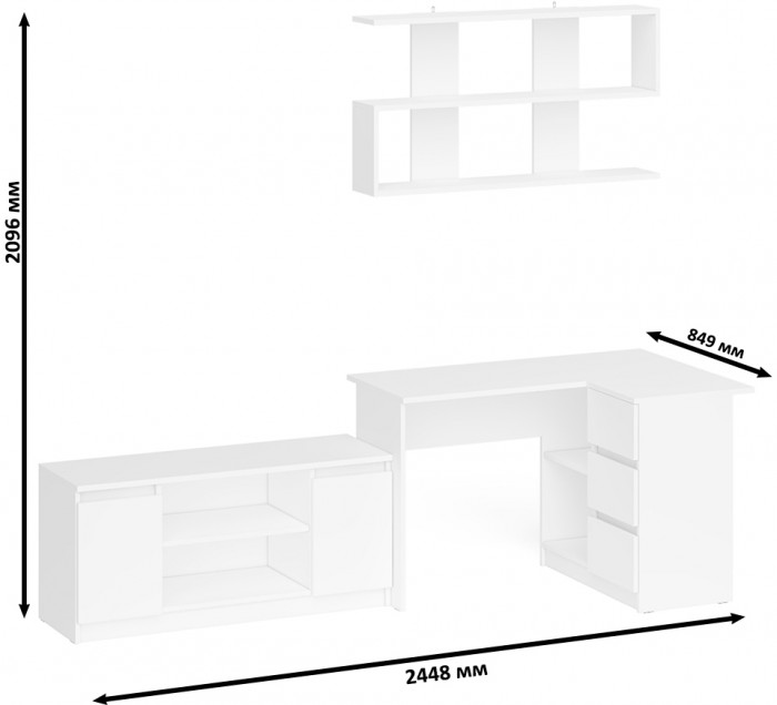 Мори компьютерный стол МС-16 правый + Тумба МТВ1200.1 + Полка 1200, белый