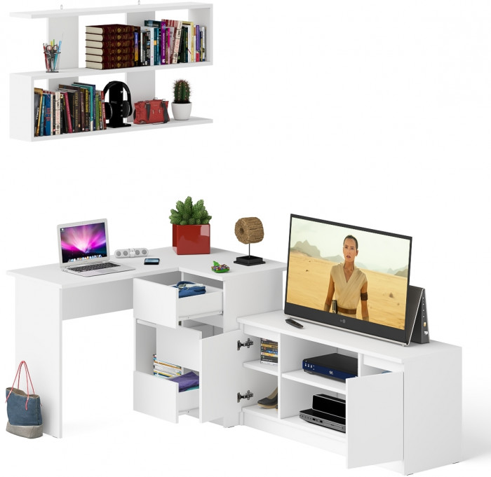 Мори компьютерный стол МС-16 правый + Тумба МТВ1200.1 + Полка 1200, белый