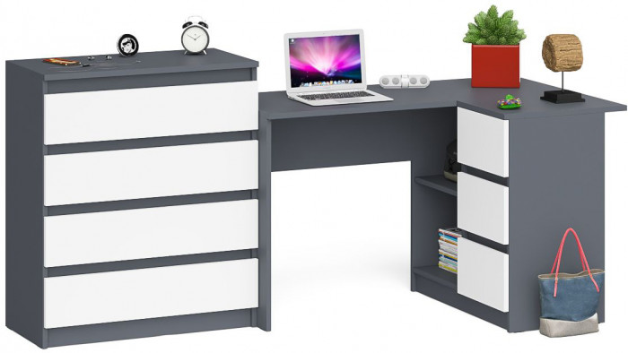 Мори Стол компьютерный МС-16 правый + Комод МК800.4, цвет графит/белый, ШхГхВ 204,8х84,9х94 см., выдвижные ящики справа, НЕ универсальная сборка