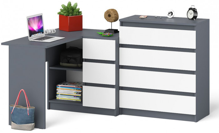 Мори Стол компьютерный МС-16 правый + Комод МК800.4, цвет графит/белый, ШхГхВ 204,8х84,9х94 см., выдвижные ящики справа, НЕ универсальная сборка