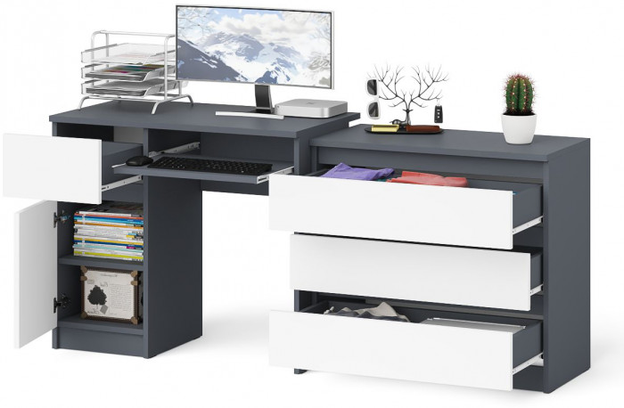 Мори Стол компьютерный МС-1 левый + Комод МК800.1, цвет графит/белый, ШхГхВ 170,4х50х76,6 см., выдвижной ящик слева, НЕ универсальная сборка